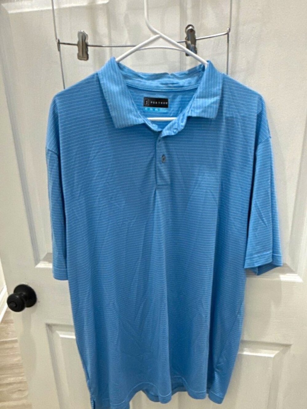 PGA TOUR Men's XL Blue/White Striped Short Sleeve Collared Golf Polo Shirt
